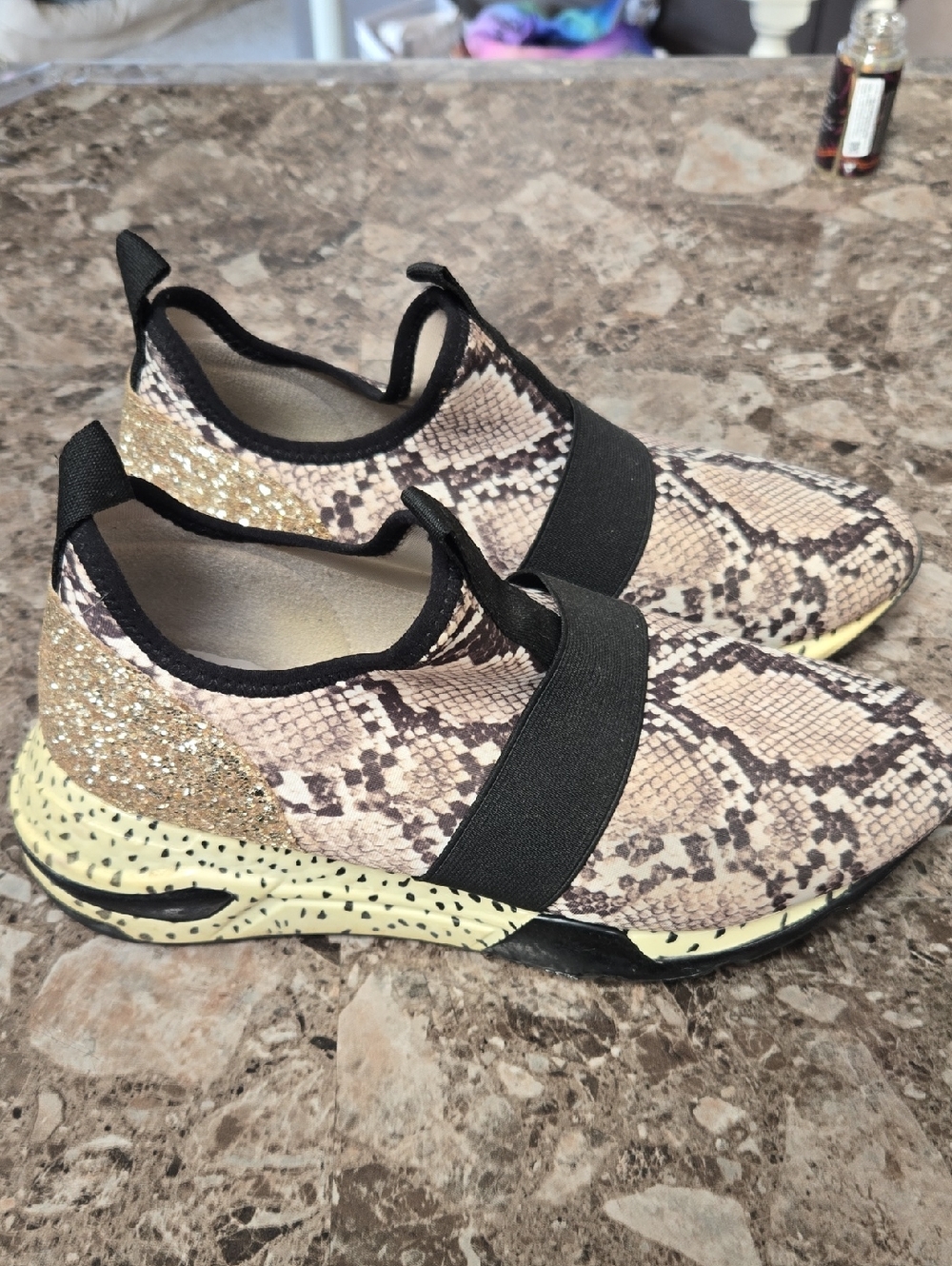 Steve Madden Slip-On Women’s Snake-Print Athletic Sneakers with Glitter Heel